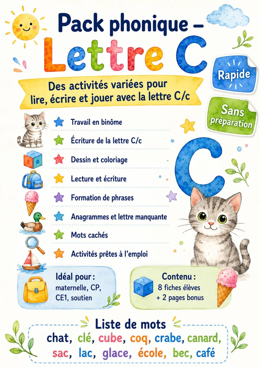 French Letter C Phonics Worksheets Pack printable worksheet pack preview from KiwiBee
