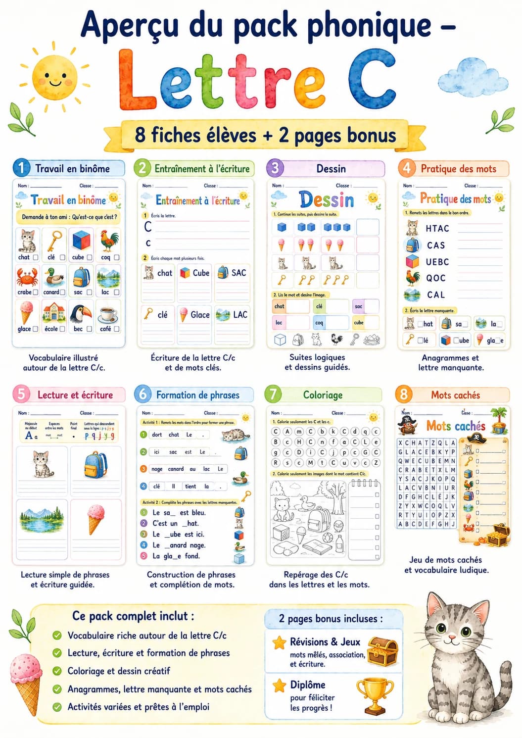 French Letter C Phonics Worksheets Pack printable worksheet pack preview from KiwiBee