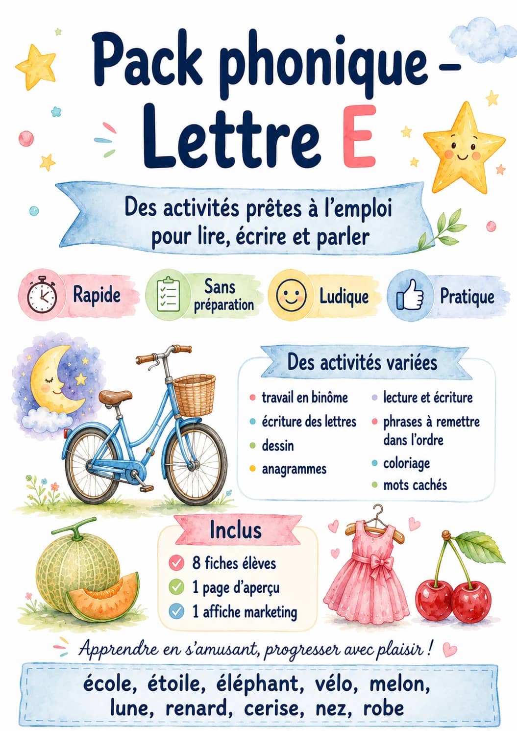 French Letter E Phonics Worksheets Pack printable worksheet pack preview from KiwiBee