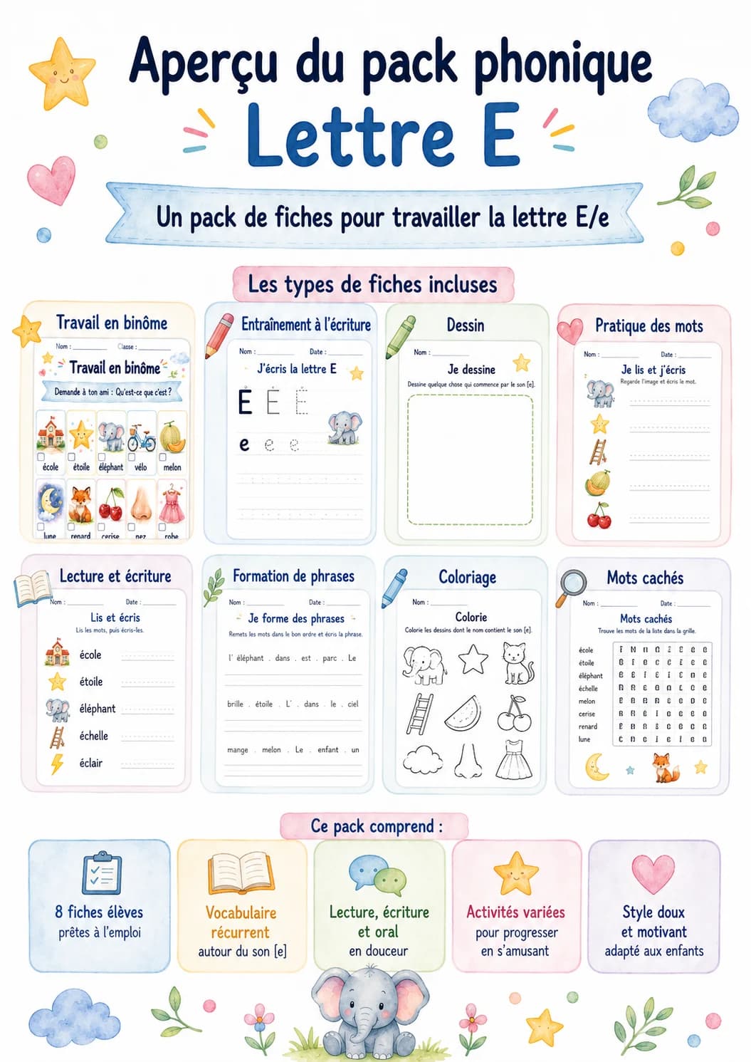 French Letter E Phonics Worksheets Pack printable worksheet pack preview from KiwiBee