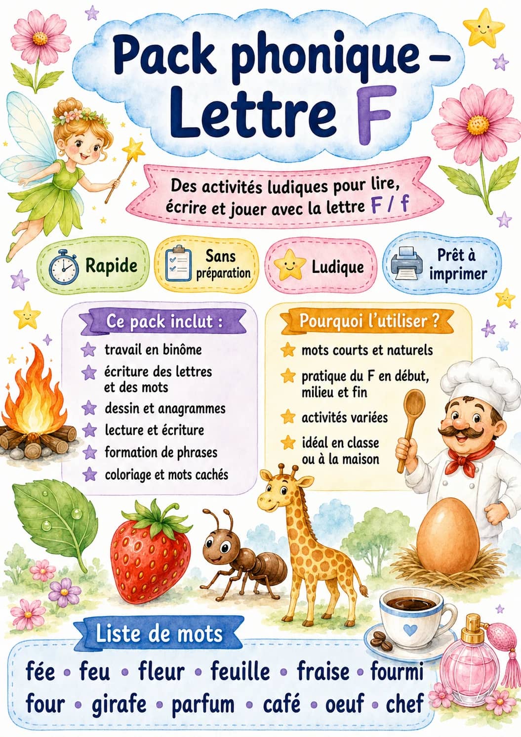 French Letter F Phonics Worksheets Pack printable worksheet pack preview from KiwiBee