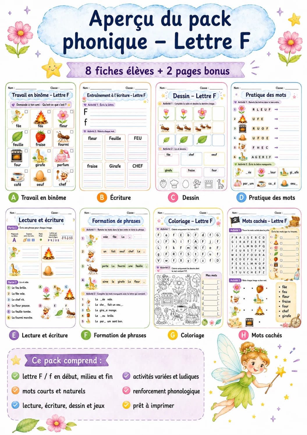 French Letter F Phonics Worksheets Pack printable worksheet pack preview from KiwiBee