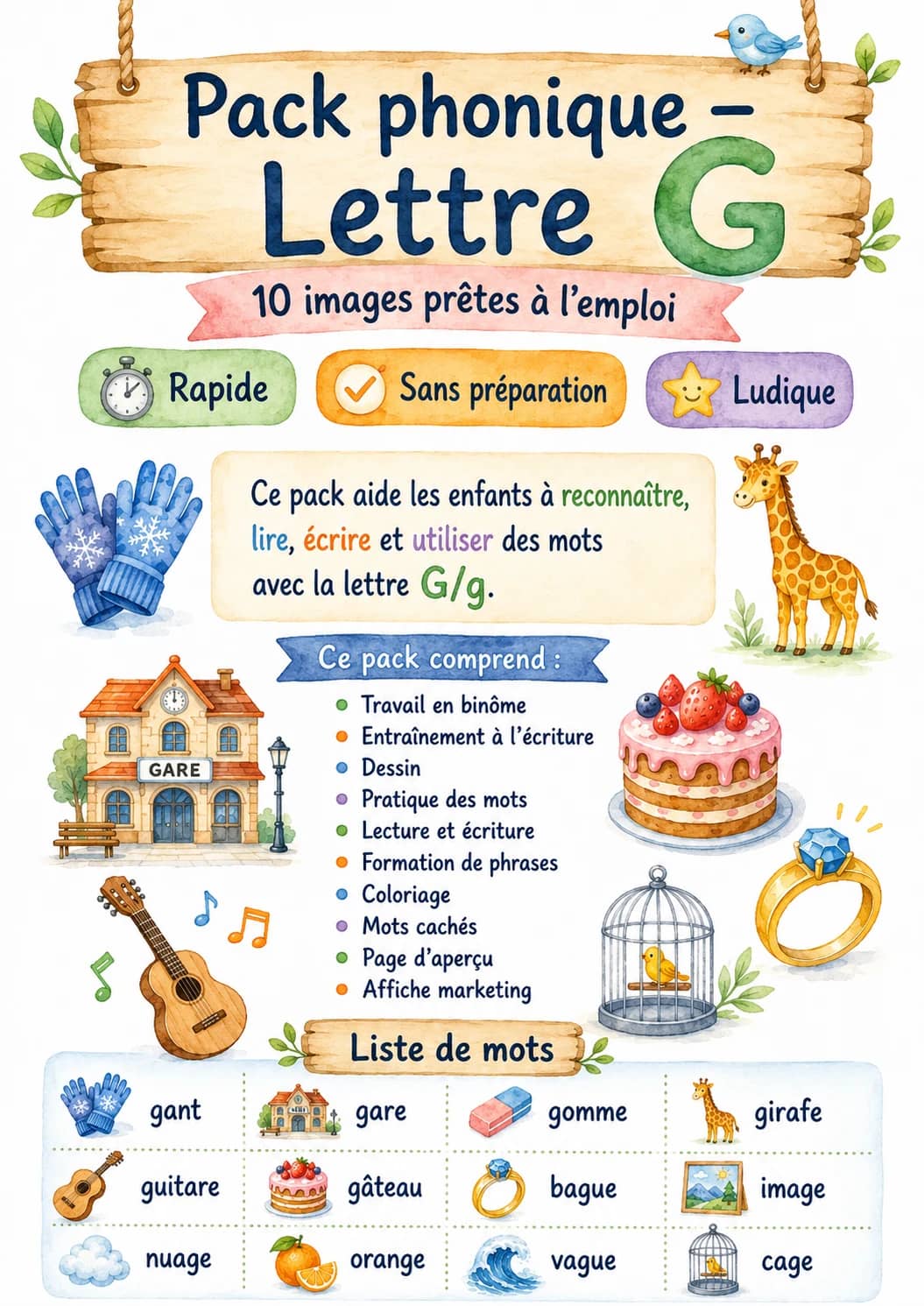 French Letter G Phonics Worksheets Pack printable worksheet pack preview from KiwiBee