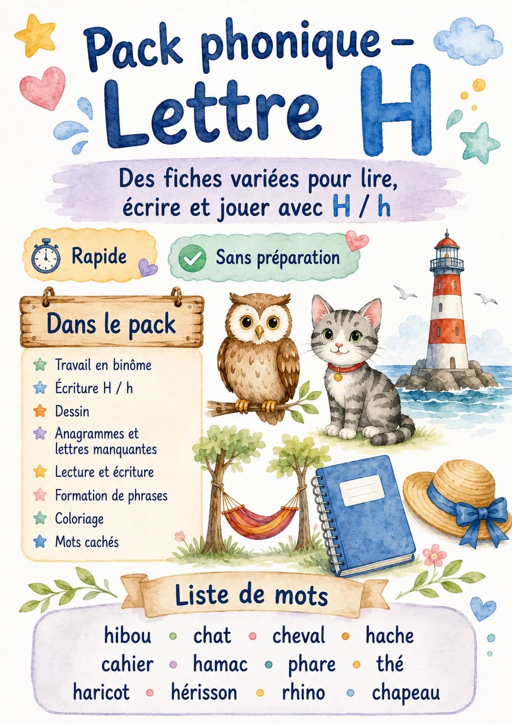 French Letter H Phonics Worksheets Pack printable worksheet pack preview from KiwiBee