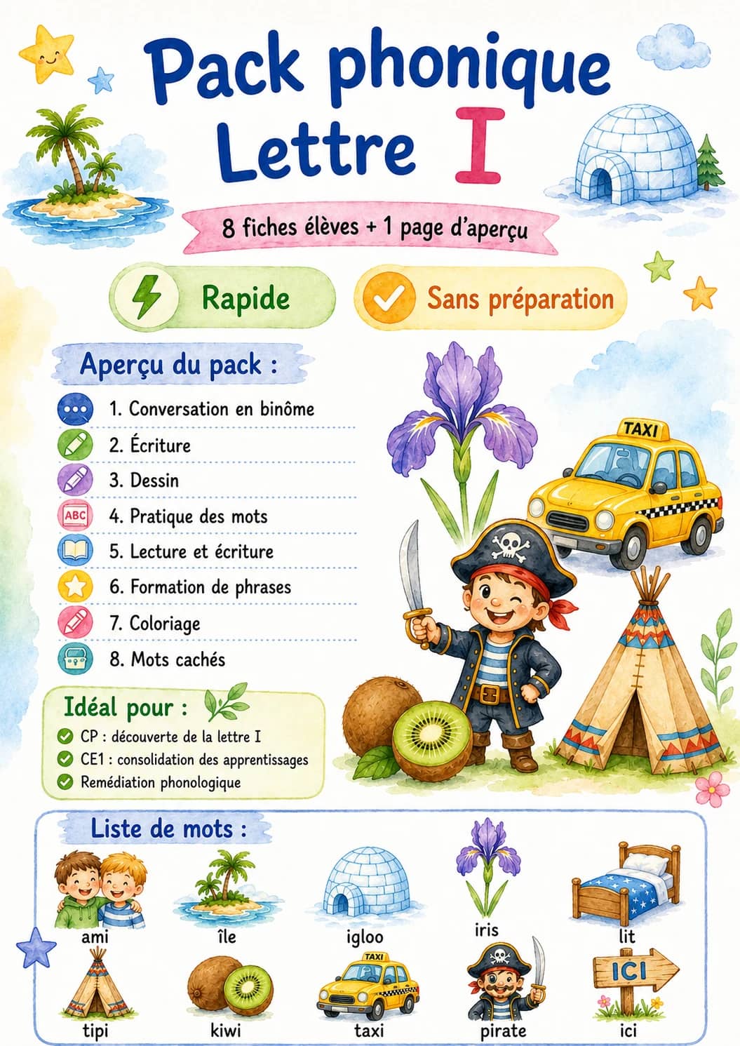 French Letter I Phonics Worksheets Pack printable worksheet pack preview from KiwiBee