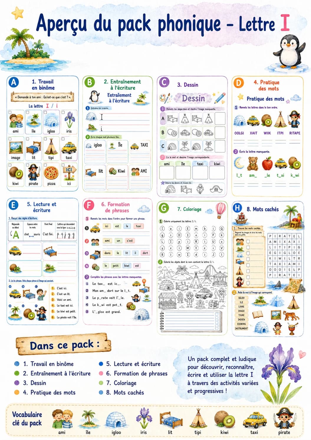 French Letter I Phonics Worksheets Pack printable worksheet pack preview from KiwiBee