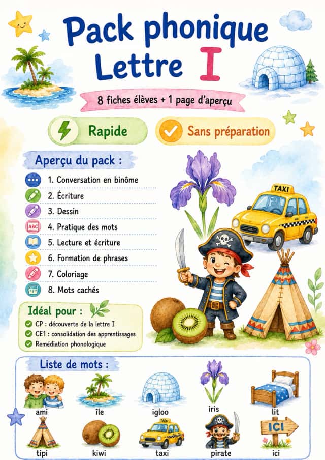 French Letter I Phonics Worksheets Pack