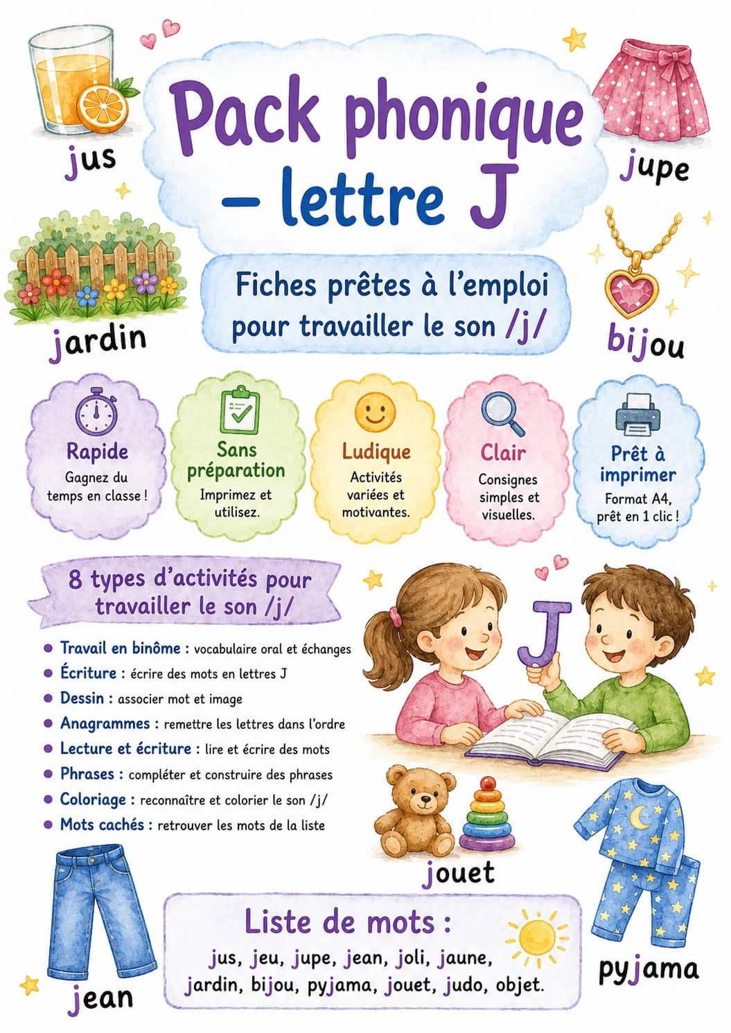 French Letter J Phonics Worksheets Pack printable worksheet pack preview from KiwiBee