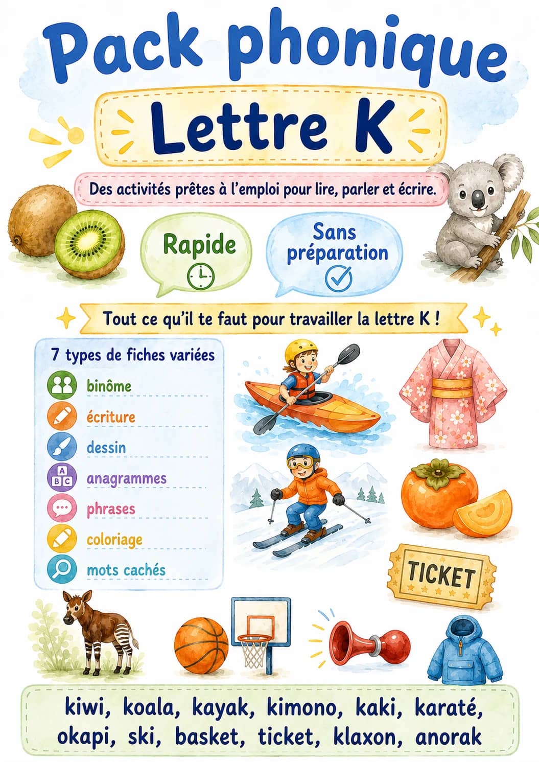 French Letter K Phonics Worksheets Pack printable worksheet pack preview from KiwiBee