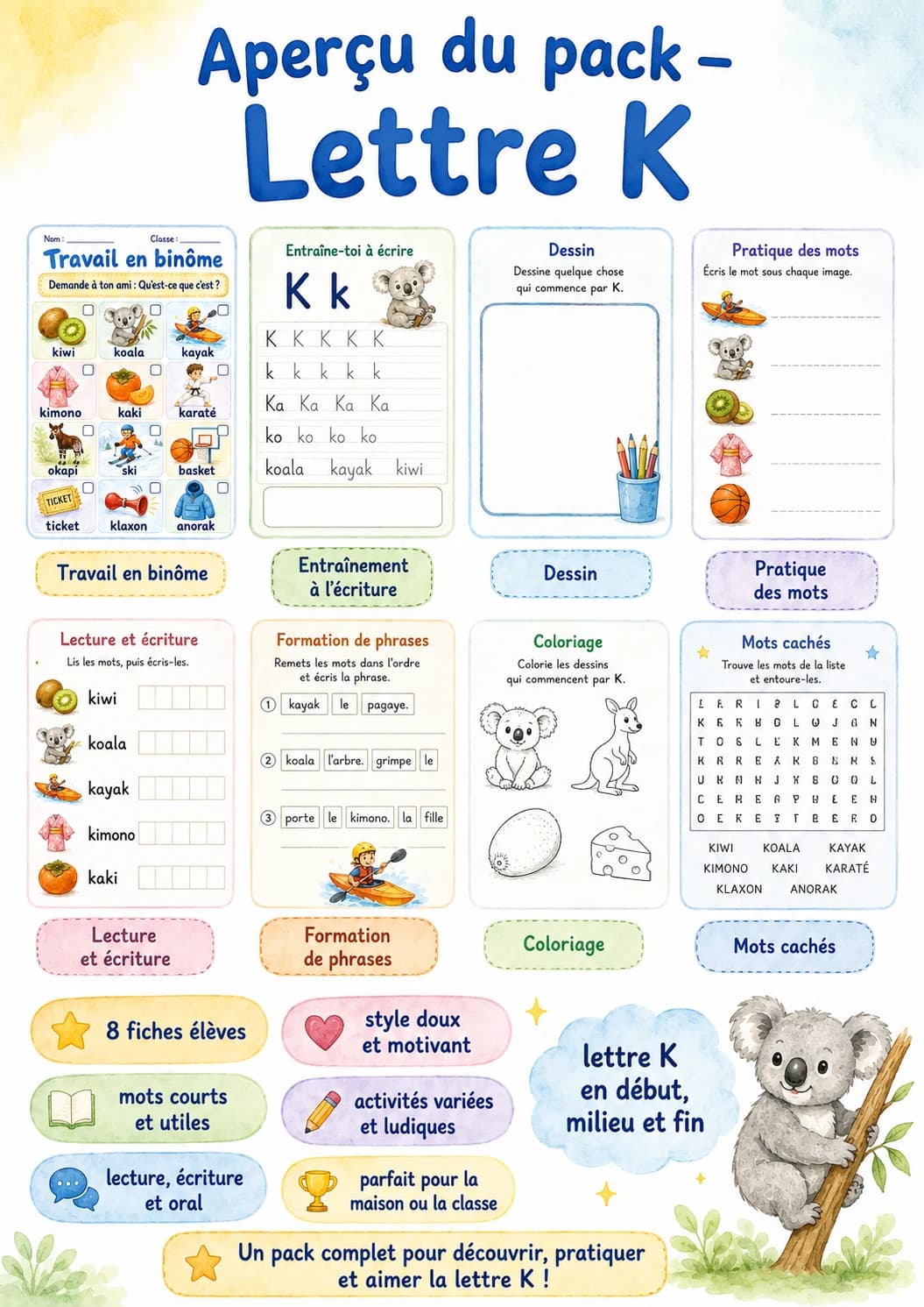 French Letter K Phonics Worksheets Pack printable worksheet pack preview from KiwiBee