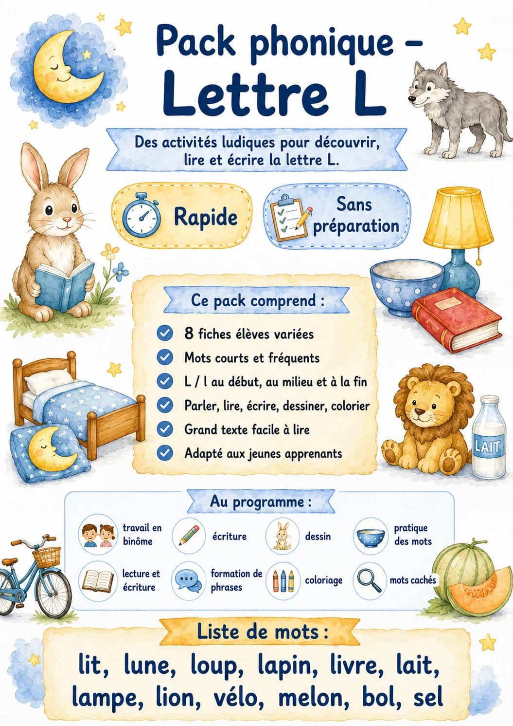 French Letter L Phonics Worksheets Pack printable worksheet pack preview from KiwiBee