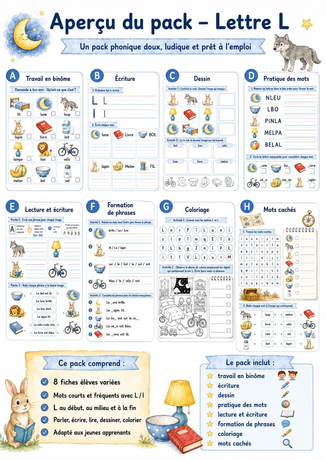 French Letter L Phonics Worksheets Pack printable worksheet pack preview from KiwiBee