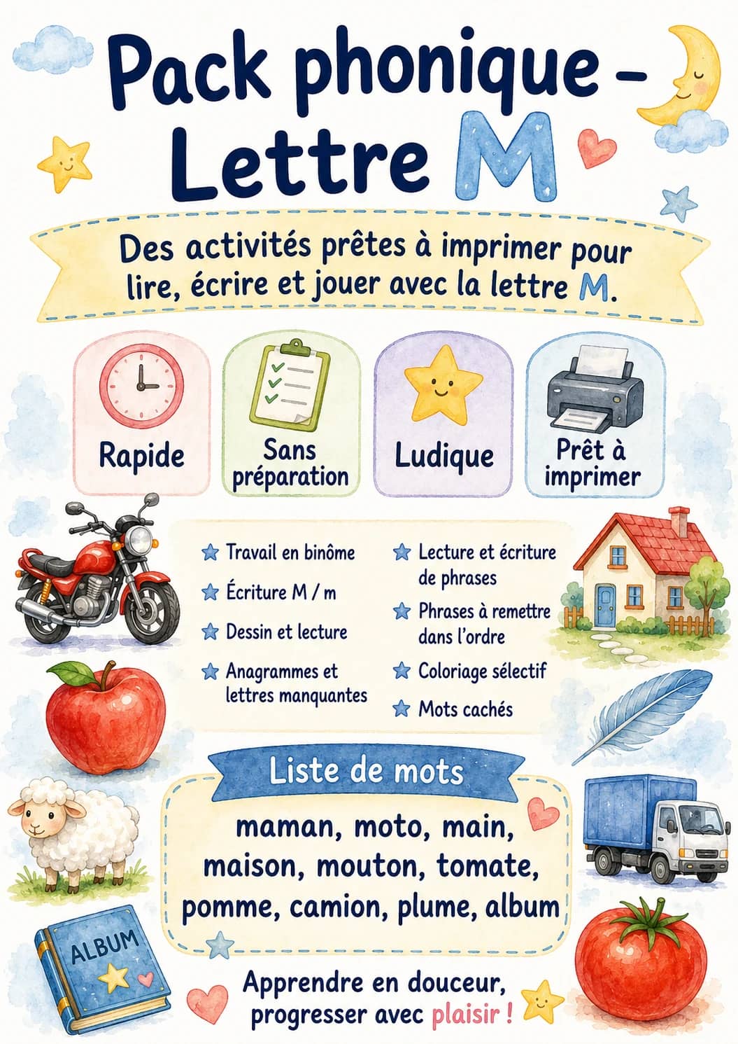 French Letter M Phonics Worksheets Pack printable worksheet pack preview from KiwiBee