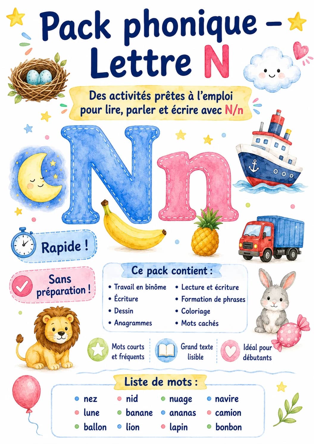 French Letter N Phonics Worksheets Pack printable worksheet pack preview from KiwiBee