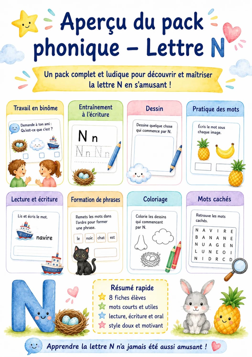 French Letter N Phonics Worksheets Pack printable worksheet pack preview from KiwiBee