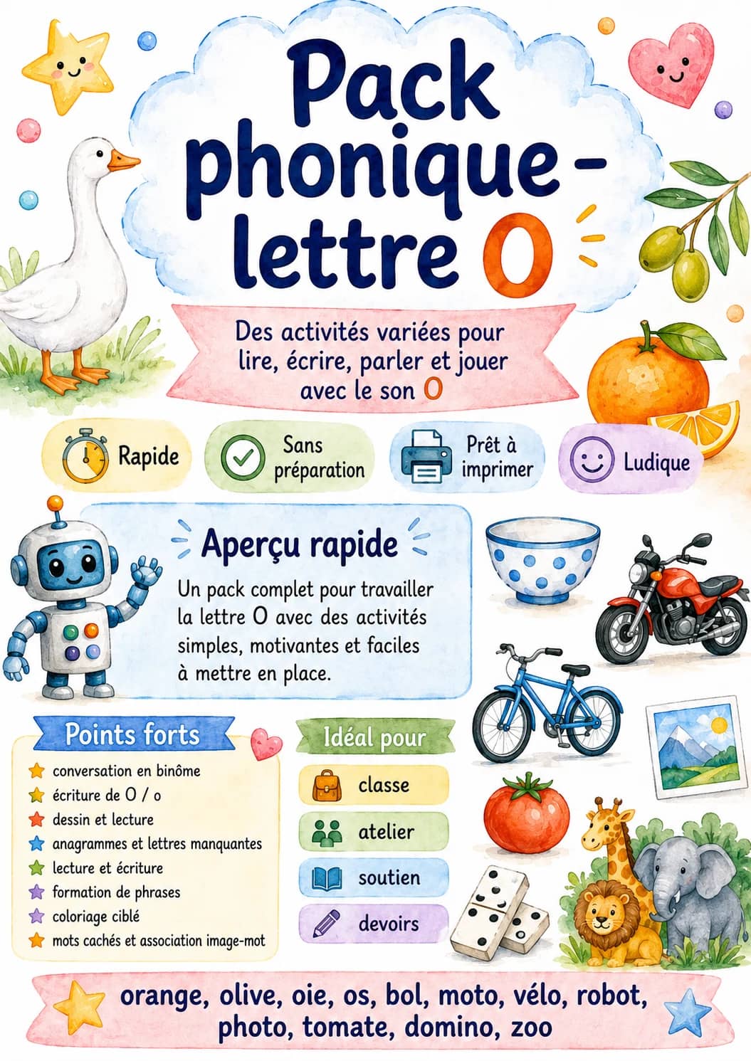 French Letter O Phonics Worksheets Pack printable worksheet pack preview from KiwiBee