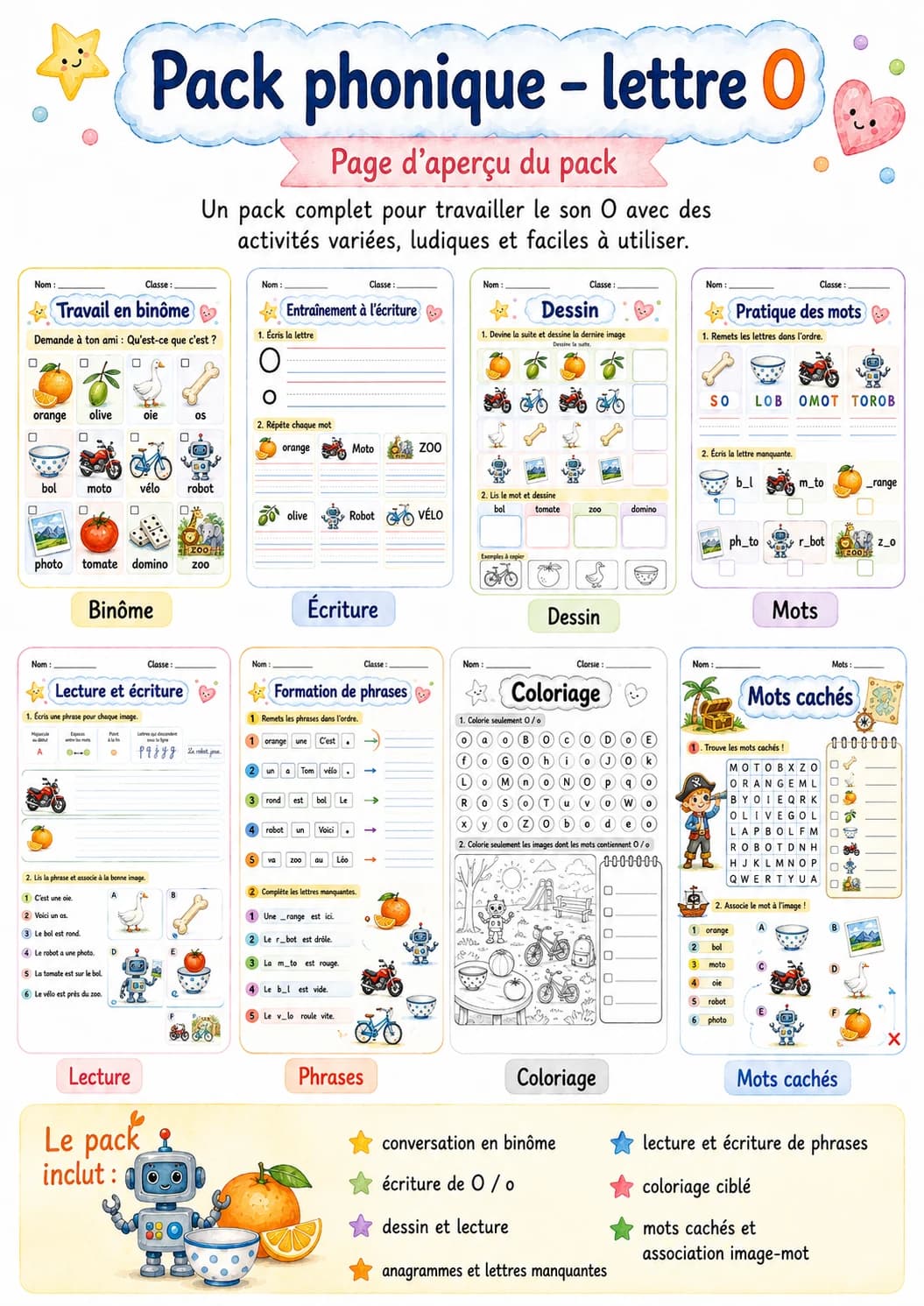 French Letter O Phonics Worksheets Pack printable worksheet pack preview from KiwiBee