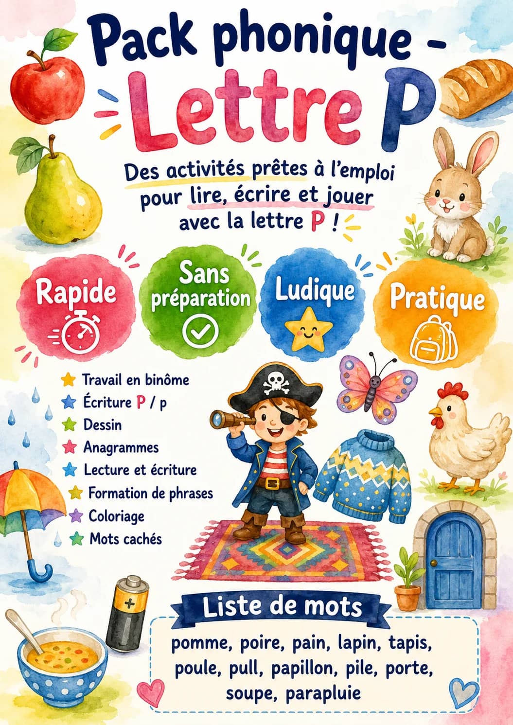 French Letter P Phonics Worksheets Pack printable worksheet pack preview from KiwiBee