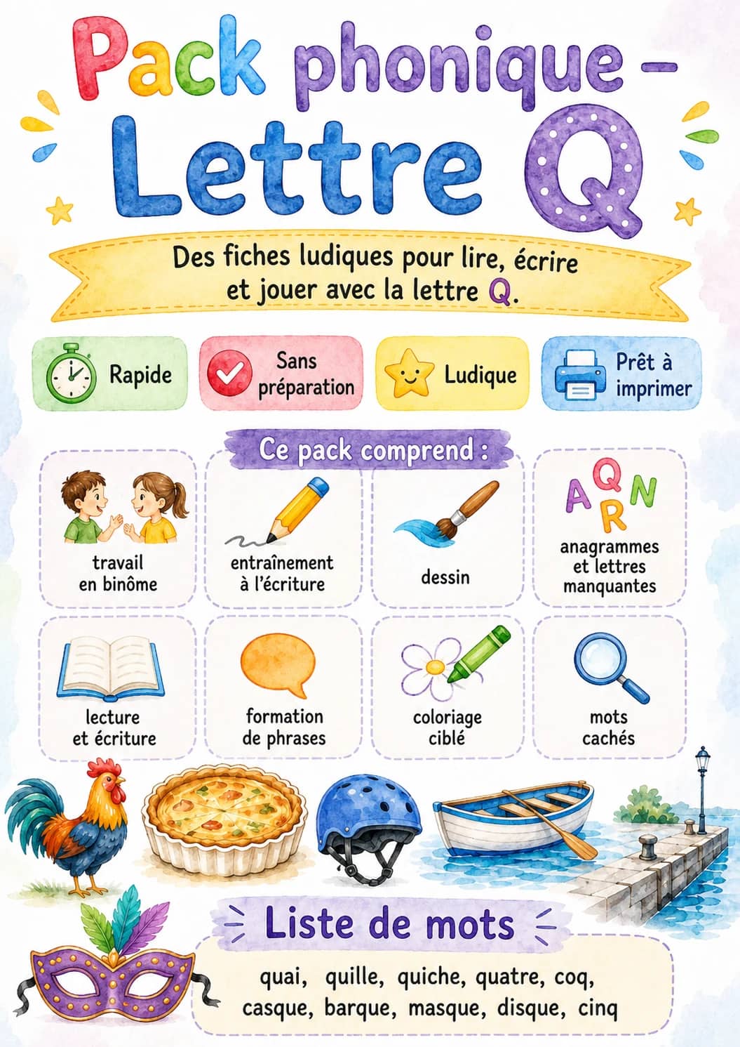 French Letter Q Phonics Worksheets Pack printable worksheet pack preview from KiwiBee