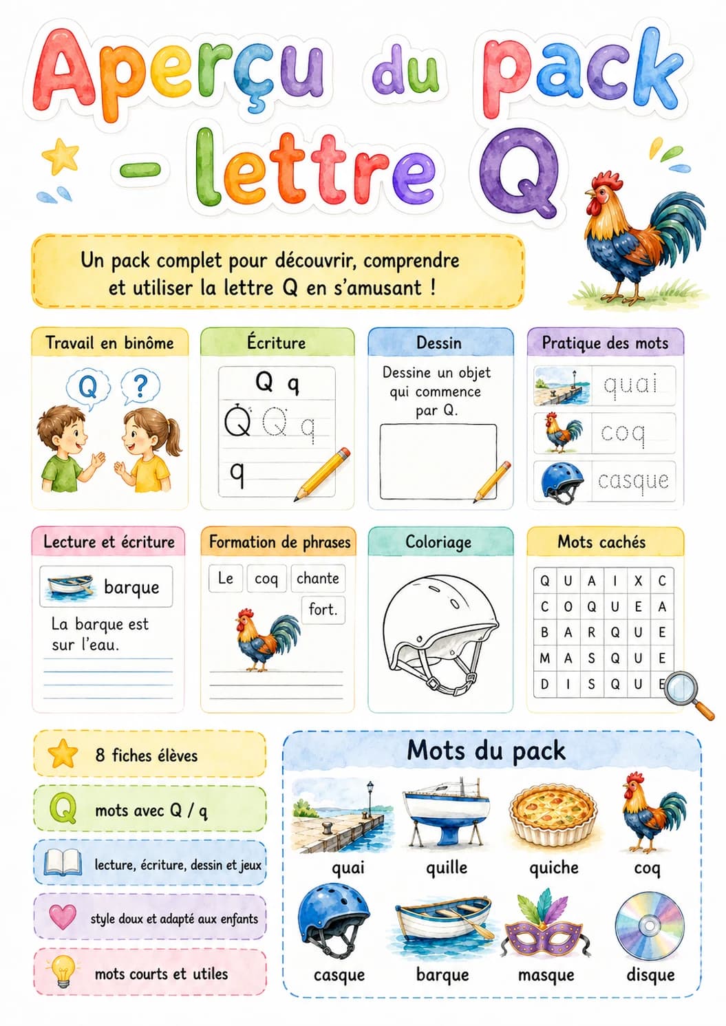 French Letter Q Phonics Worksheets Pack printable worksheet pack preview from KiwiBee