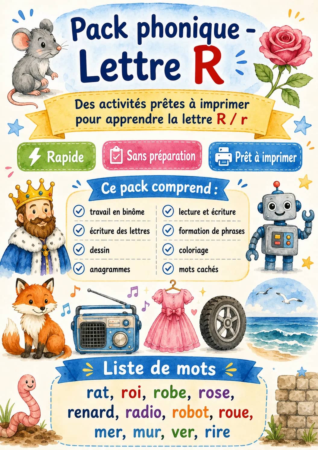 French Letter R Phonics Worksheets Pack printable worksheet pack preview from KiwiBee