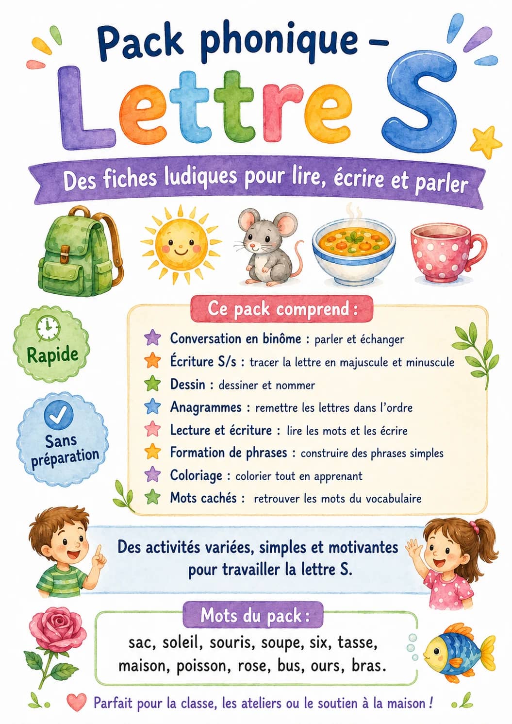 French Letter S Phonics Worksheets Pack printable worksheet pack preview from KiwiBee