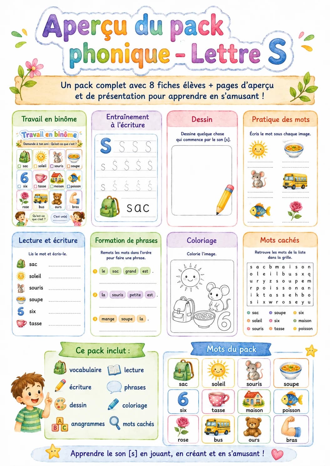 French Letter S Phonics Worksheets Pack page 2 printable worksheet preview