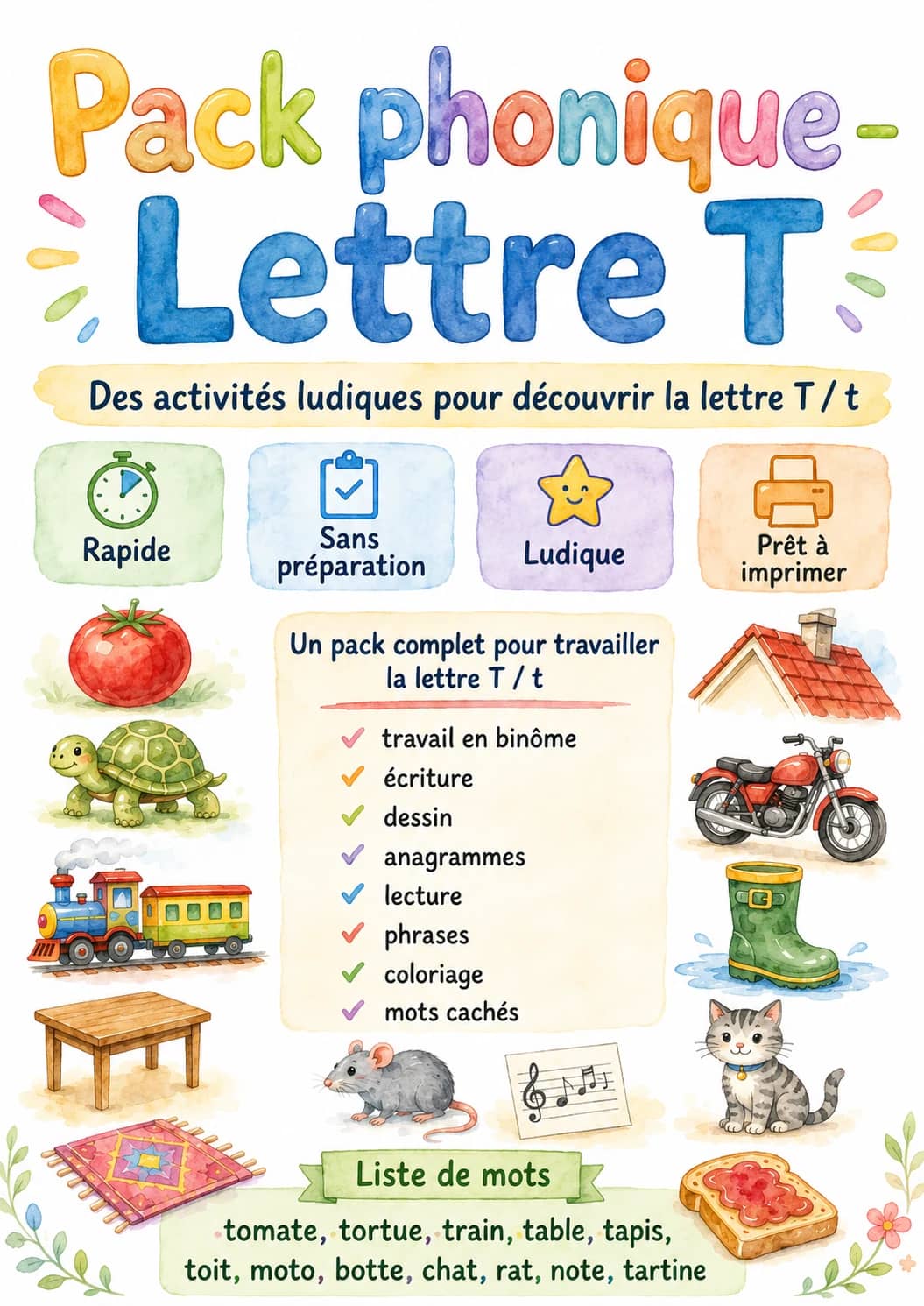 French Letter T Phonics Worksheets Pack printable worksheet pack preview from KiwiBee