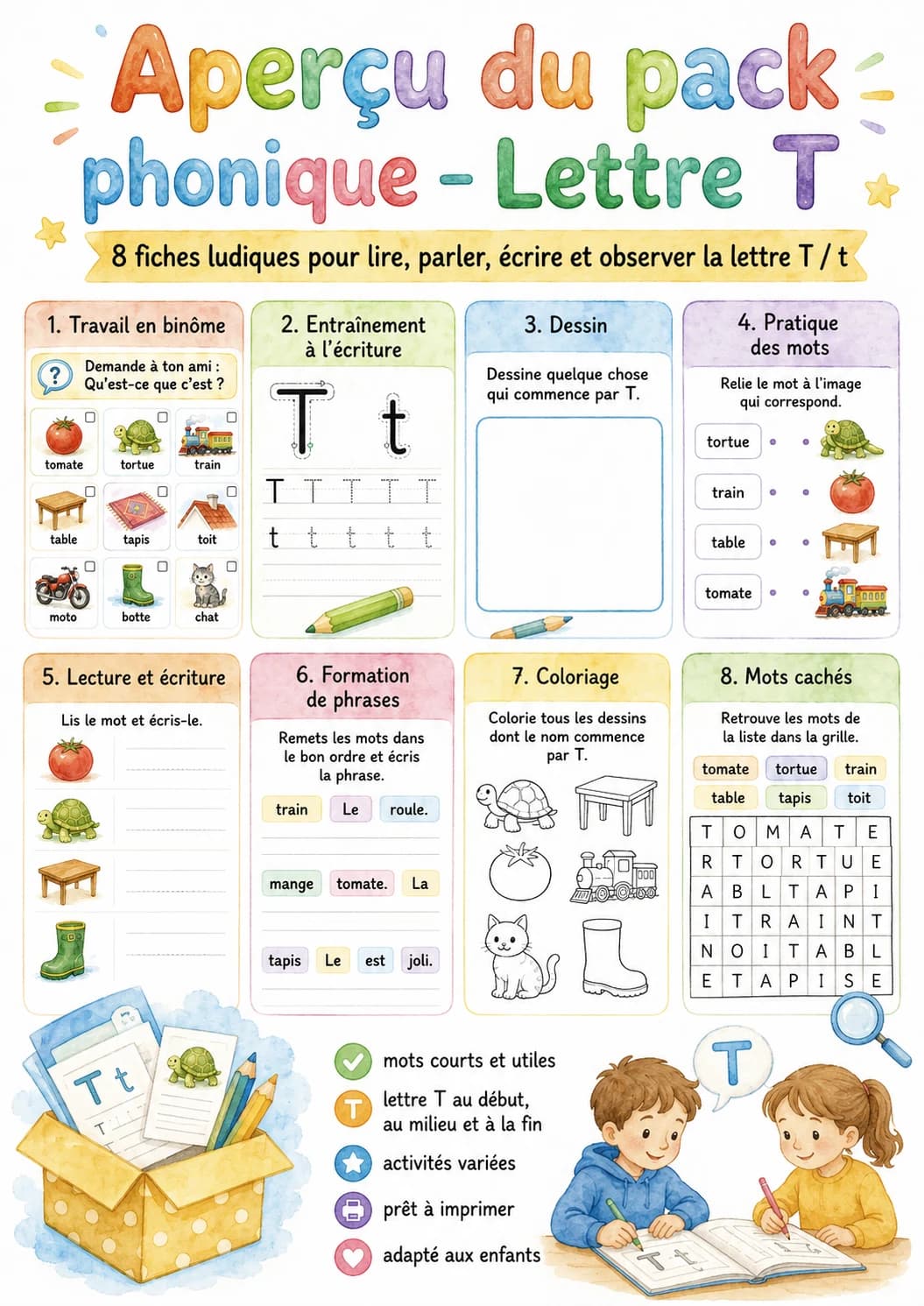 French Letter T Phonics Worksheets Pack printable worksheet pack preview from KiwiBee
