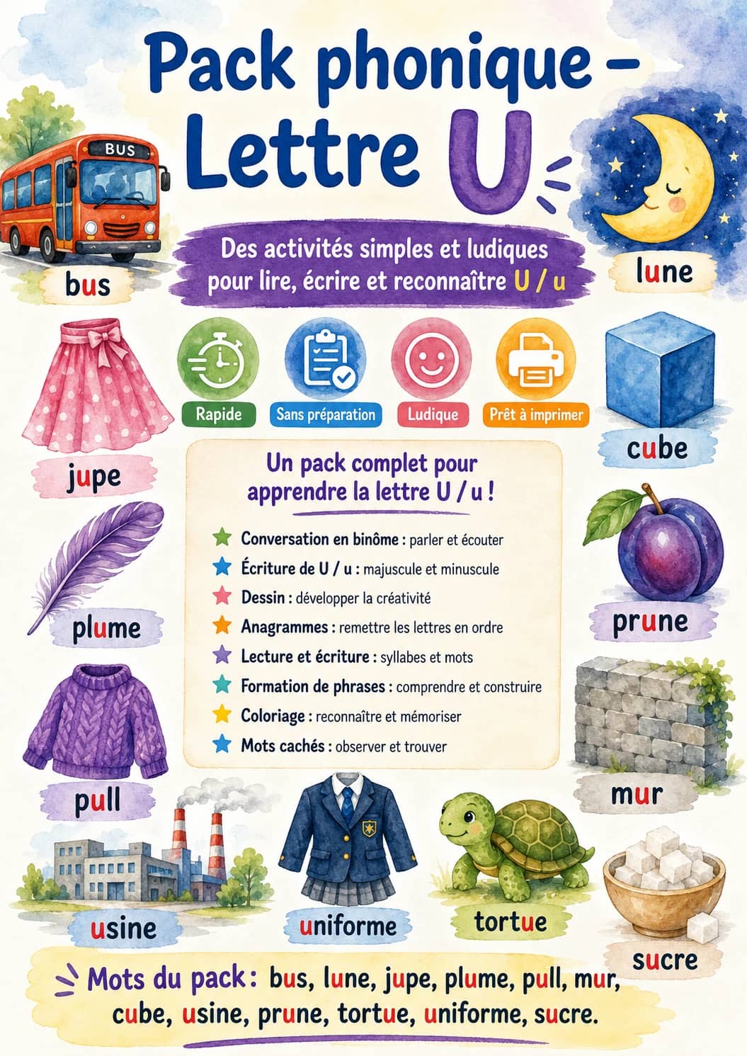 French Letter U Phonics Worksheets Pack printable worksheet pack preview from KiwiBee