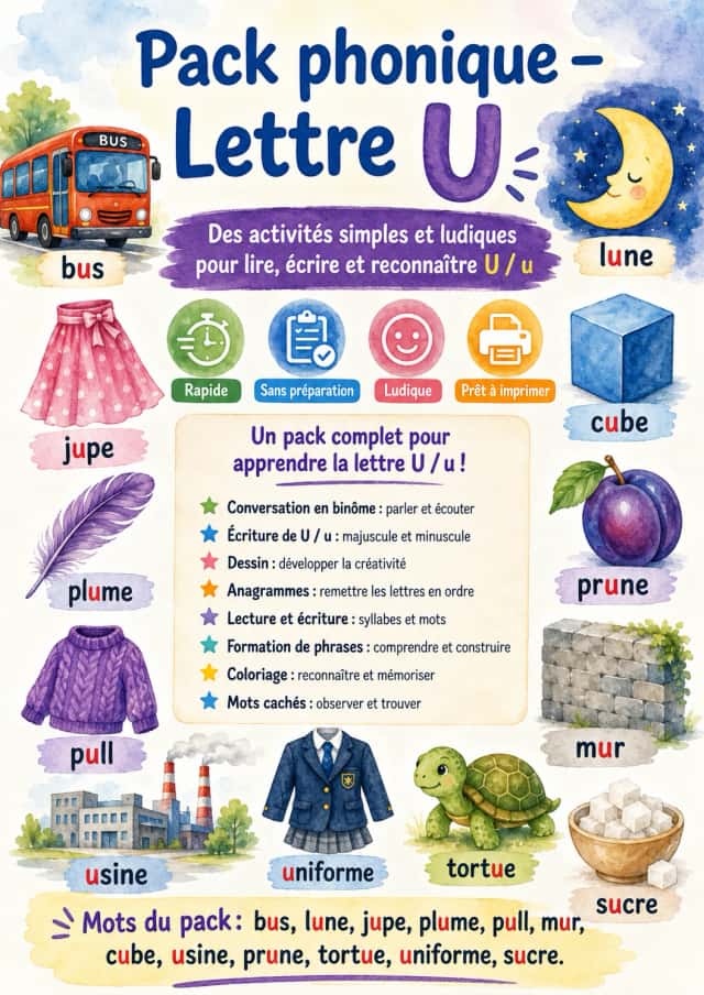 French Letter U Phonics Worksheets Pack