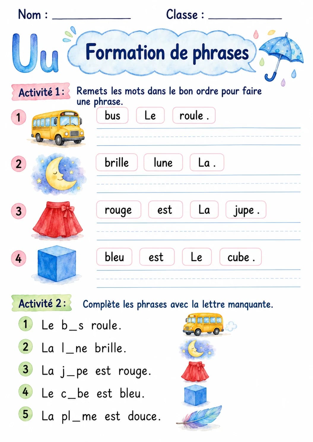 French Letter U Phonics Worksheets Pack page 9 printable worksheet preview