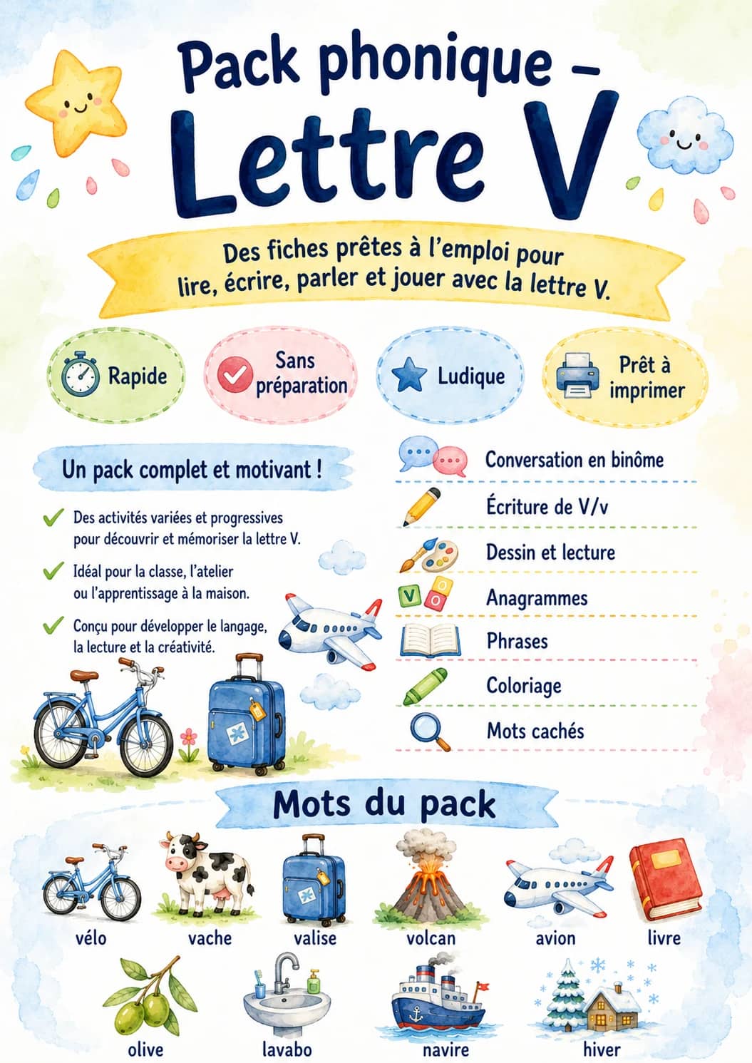 French Letter V Phonics Worksheets Pack printable worksheet pack preview from KiwiBee