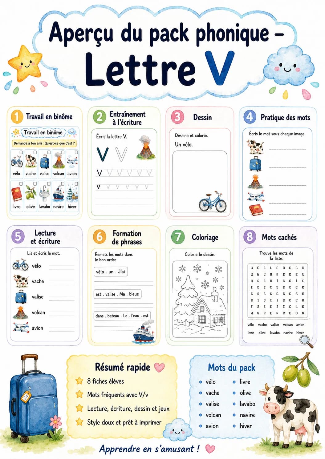 French Letter V Phonics Worksheets Pack printable worksheet pack preview from KiwiBee