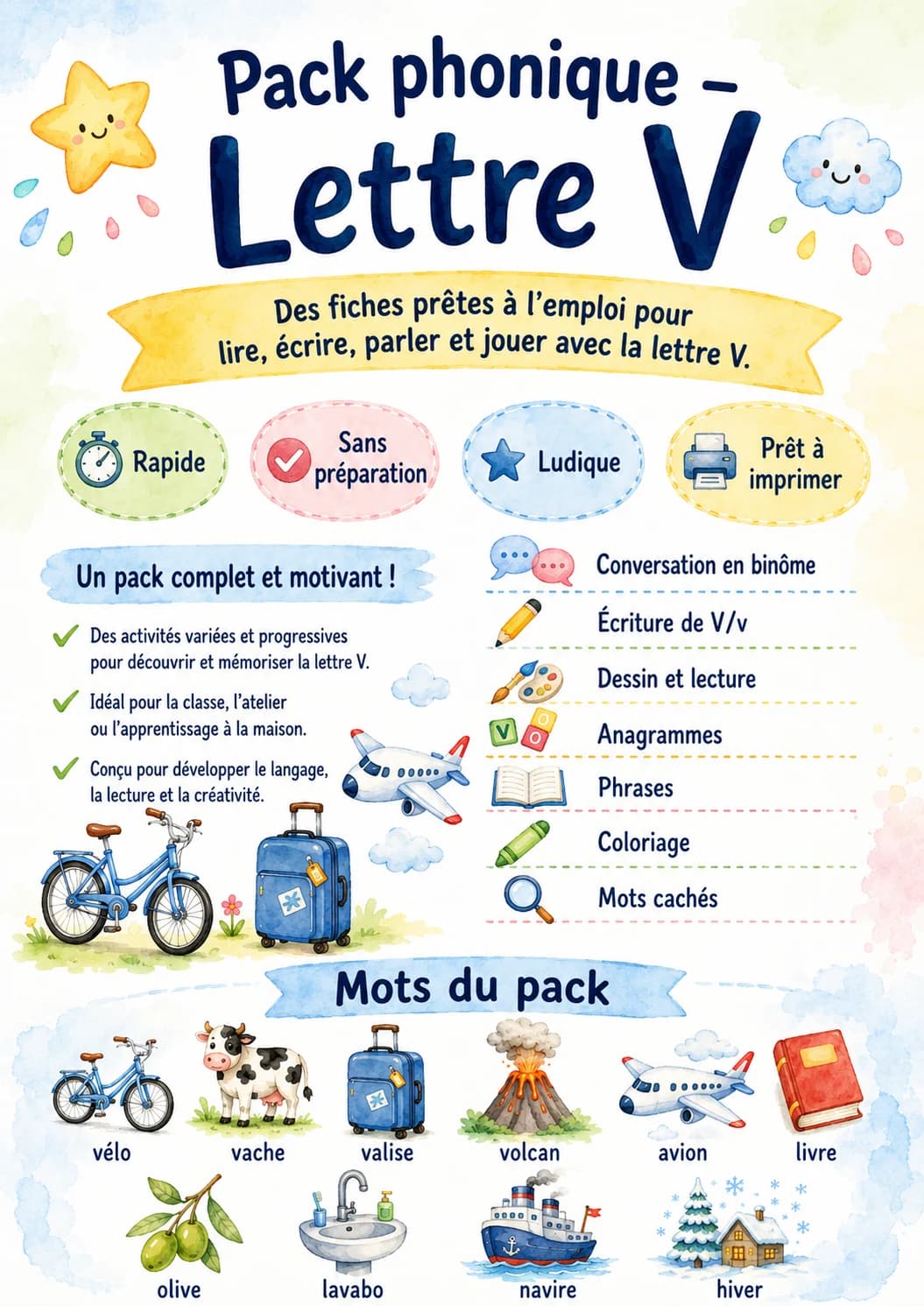 French Letter V Phonics Worksheets Pack page 2 printable worksheet preview