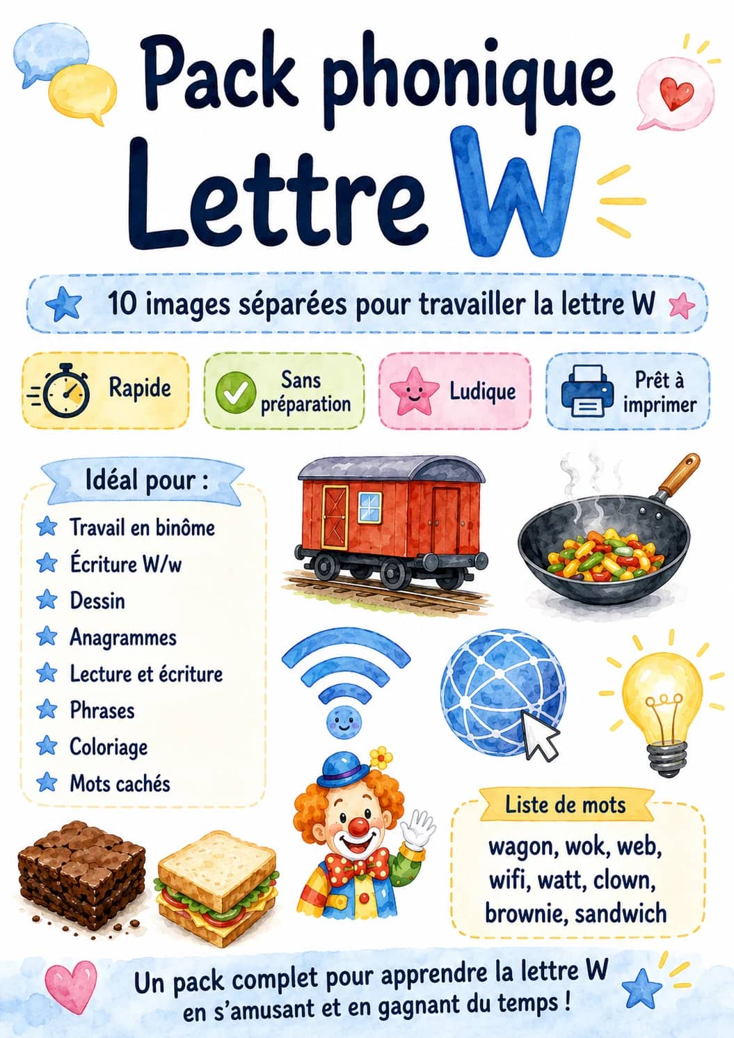 French Letter W Phonics Worksheets Pack printable worksheet pack preview from KiwiBee