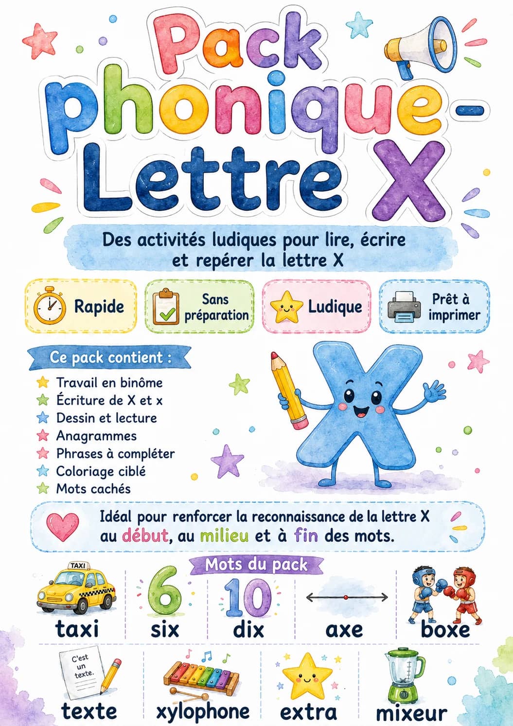 French Letter X Phonics Worksheets Pack printable worksheet pack preview from KiwiBee