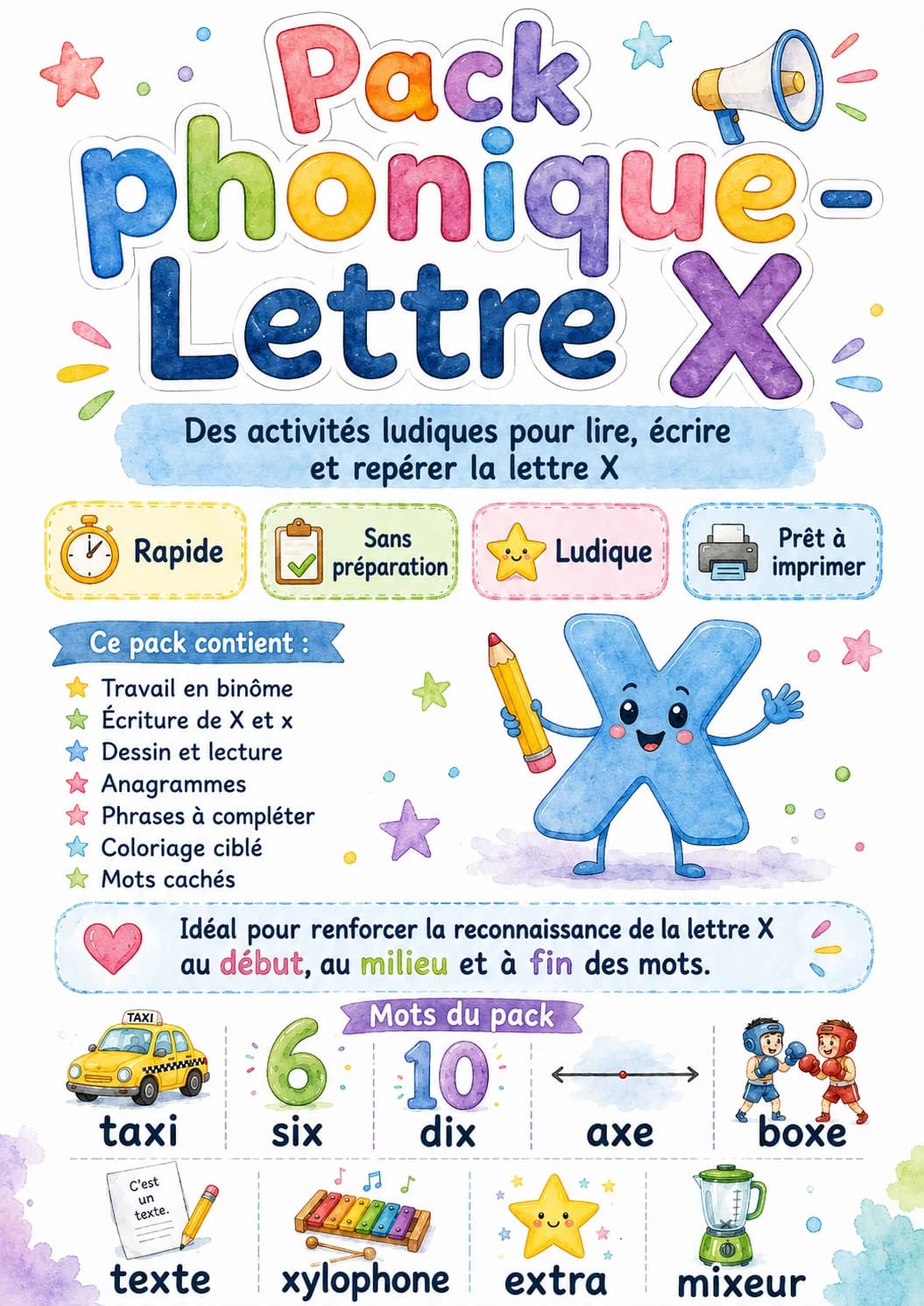 French Letter X Phonics Worksheets Pack printable worksheet pack preview from KiwiBee