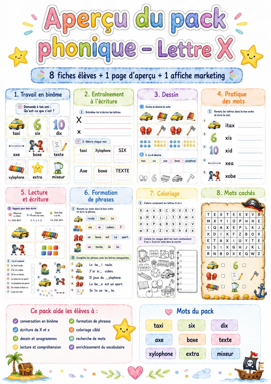 French Letter X Phonics Worksheets Pack page 2 printable worksheet preview