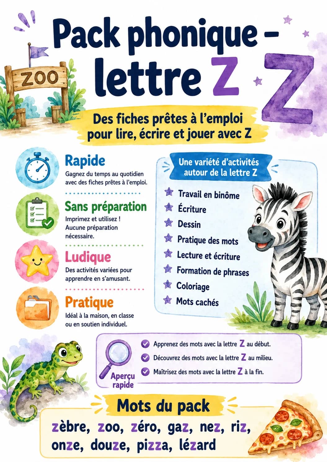 French Letter Z Phonics Worksheets Pack printable worksheet pack preview from KiwiBee