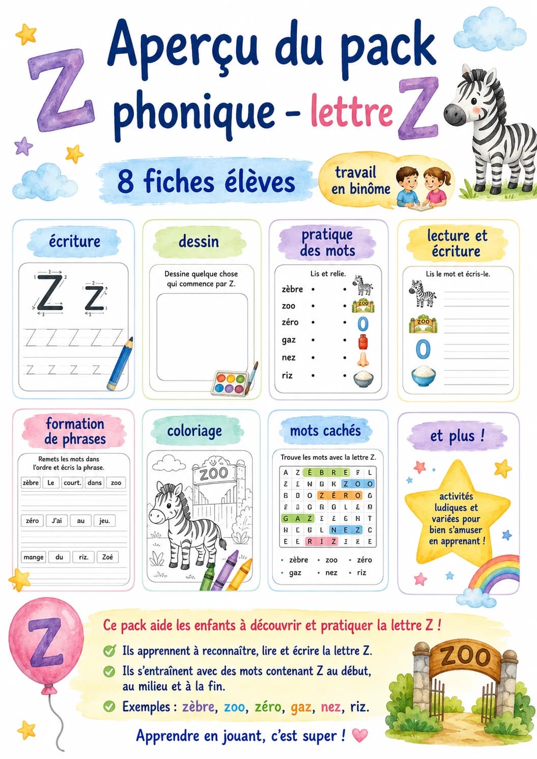 French Letter Z Phonics Worksheets Pack page 9 printable worksheet preview