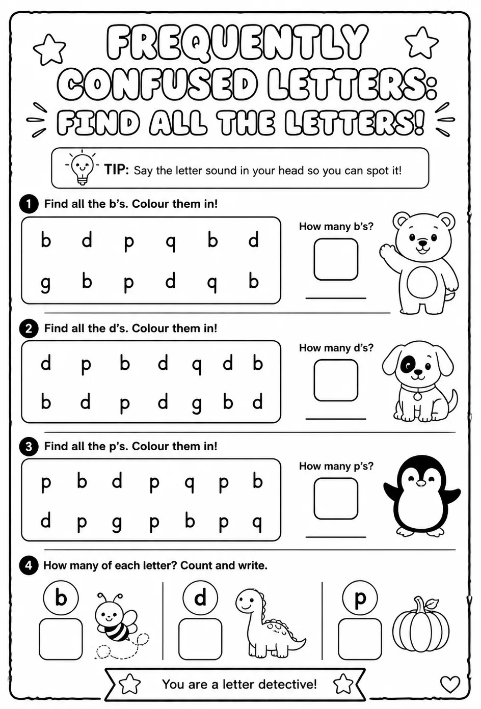 Frequently confused letters: find all the letters — free printable Reading foundations English worksheet