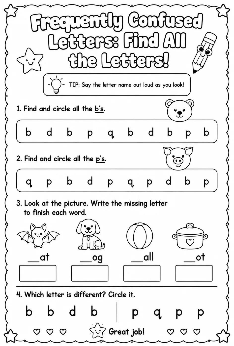 Frequently confused letters: find all the letters — free printable Pre-K English & Reading worksheet