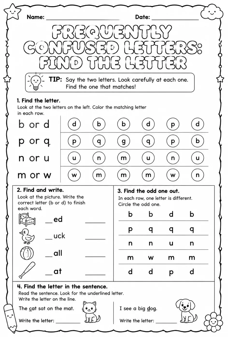 Frequently confused letters: find the letter — free printable Reading foundations English worksheet
