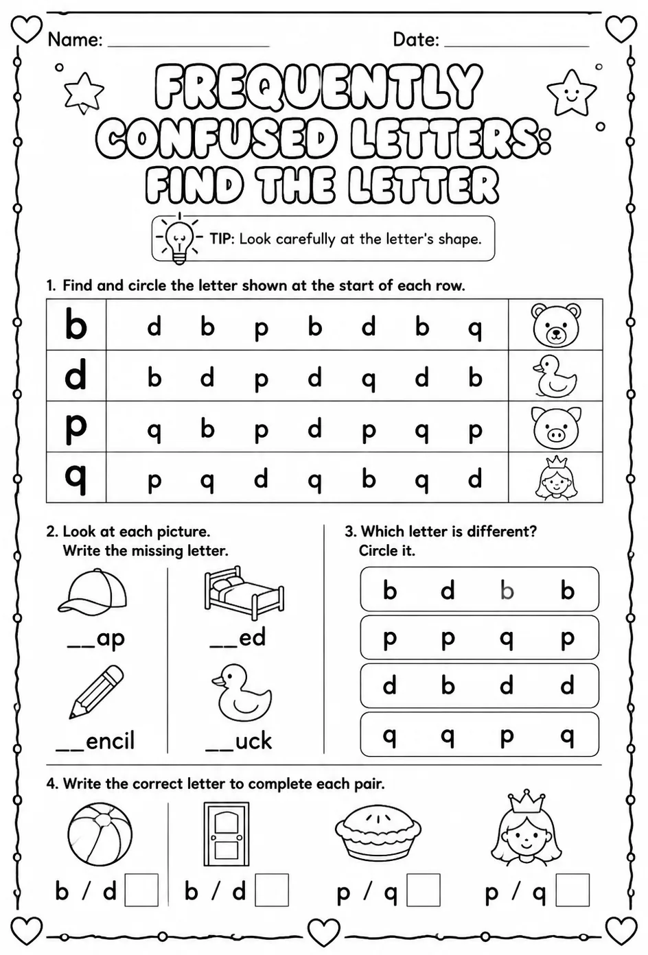 Frequently confused letters: find the letter — free printable Pre-K English & Reading worksheet