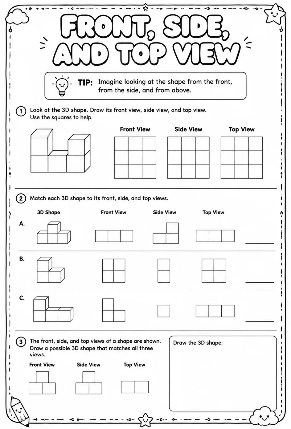 Front, side, and top view — free printable Grade 6 math worksheet