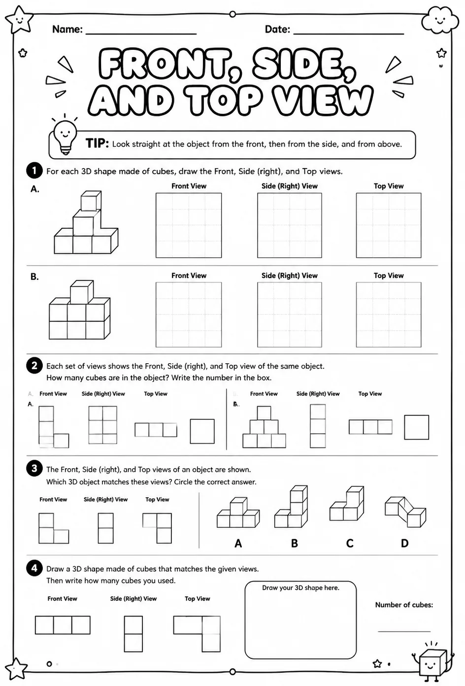 Front, side, and top view — free printable Grade 7 math worksheet