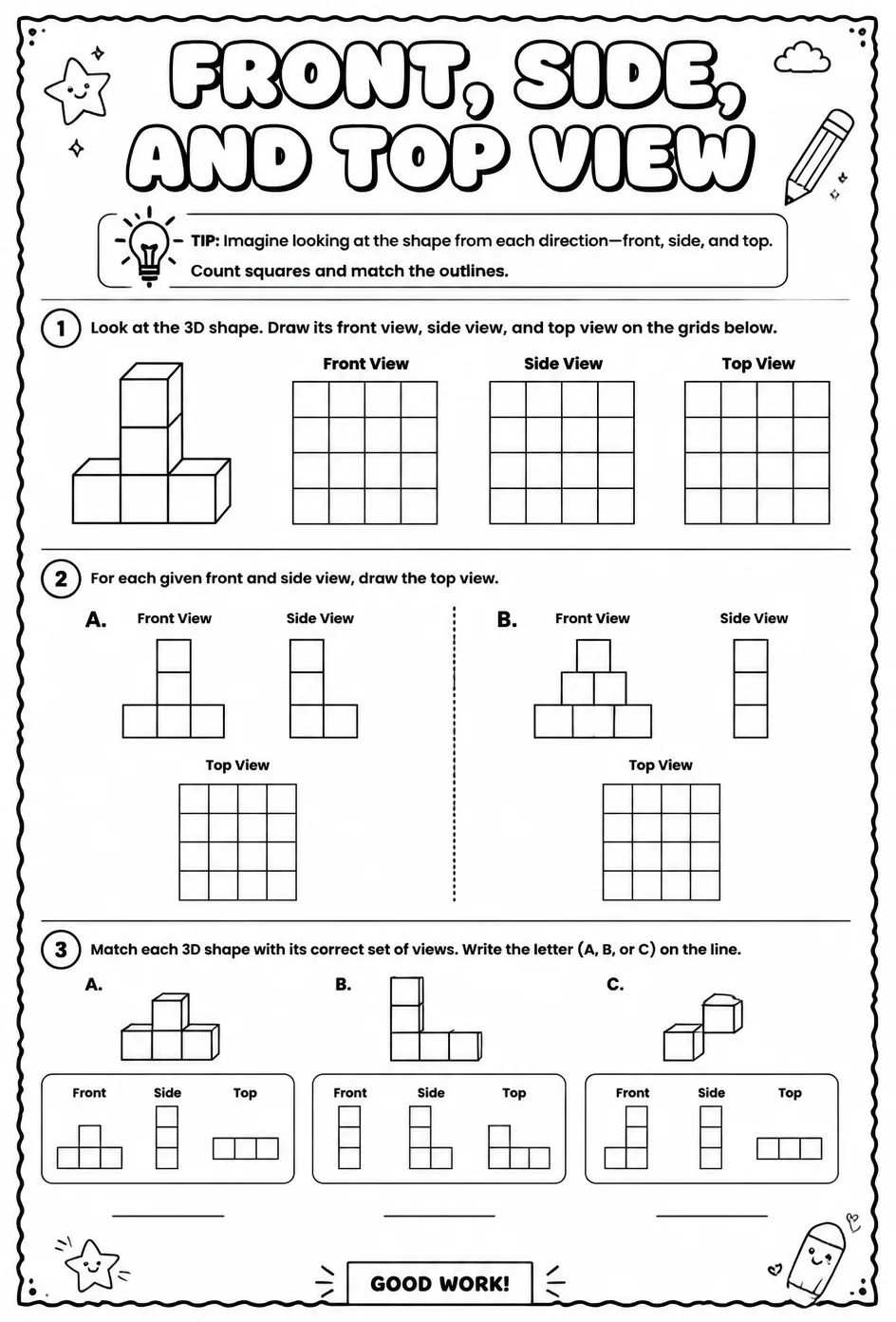 Front, side, and top view — free printable Grade 8 math worksheet