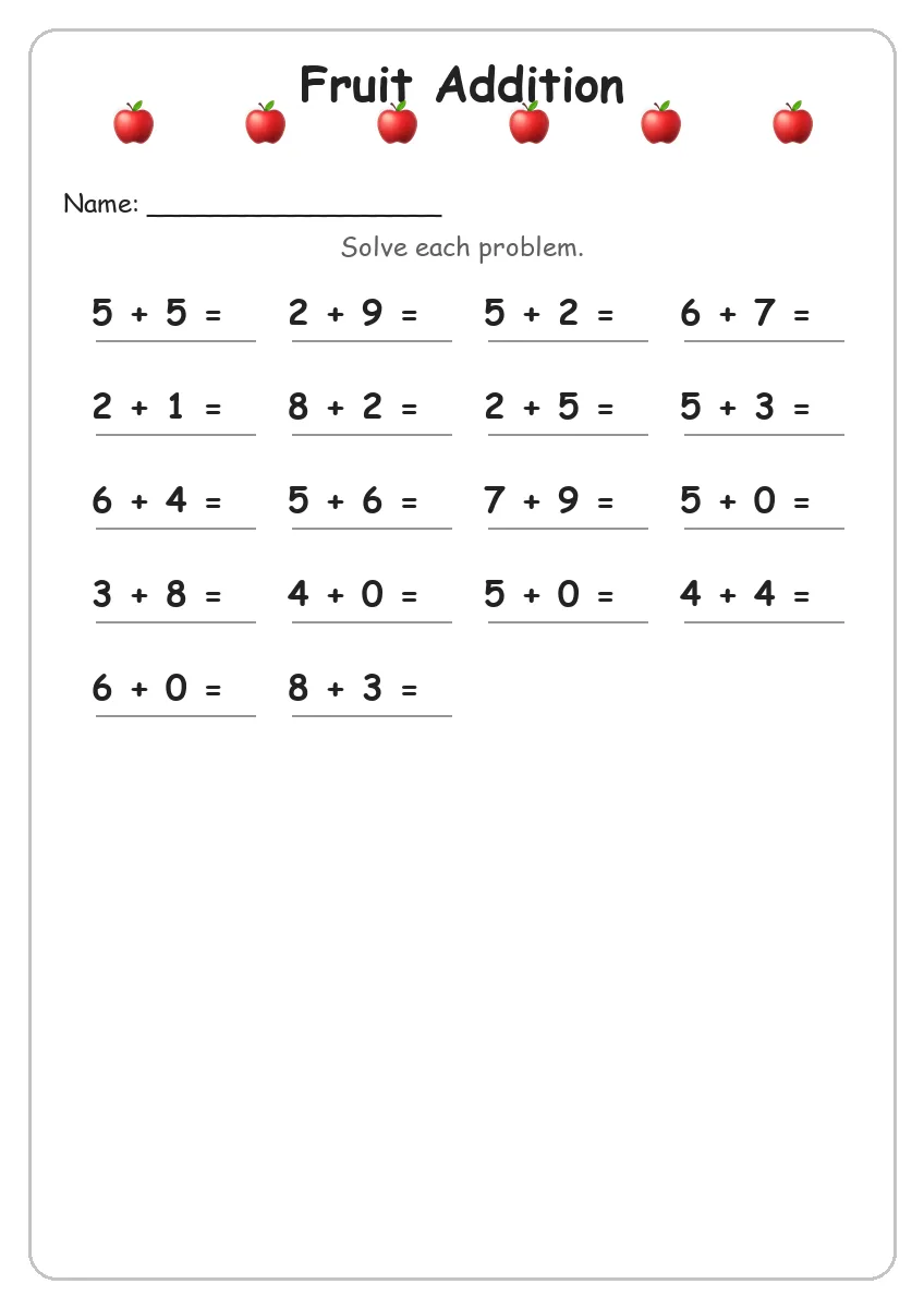 Fruit addition worksheet for Grade 1