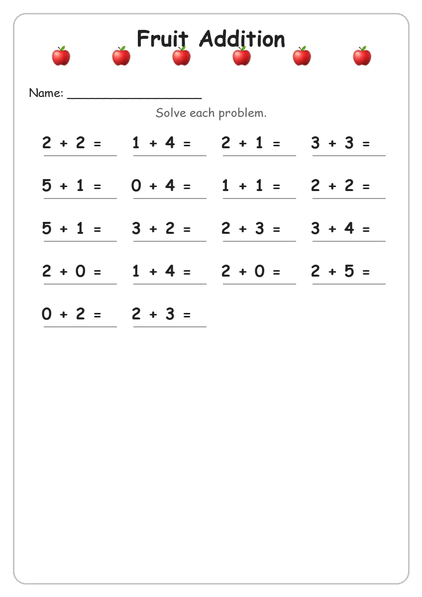 Fruit addition worksheet for Kindergarten